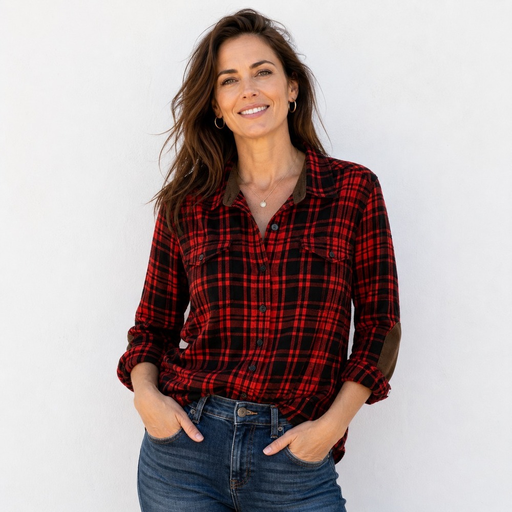 KAVU Shirt Womens Size L Plaid Flannel Button Up Elbow Patches Outdoor Gorpcore